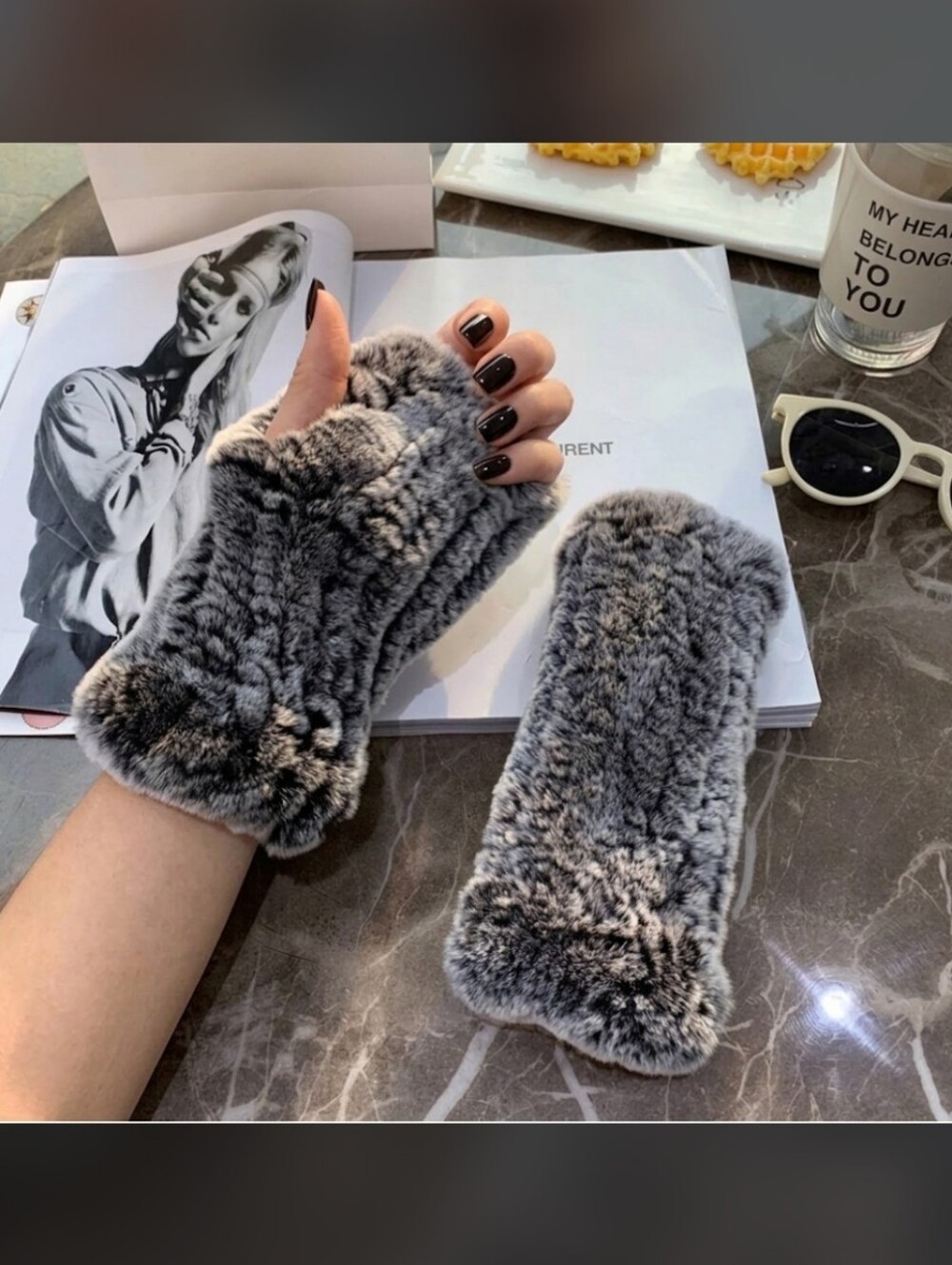 Real Rex Rabbit Fur Fingerless Gloves, Soft Women's Winter Mittens - Picture 2 of 4